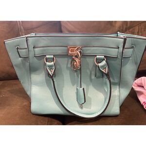 Michael Kors Hamilton Satchel Bag Blue Gold Lock Chain MK Purse Leather